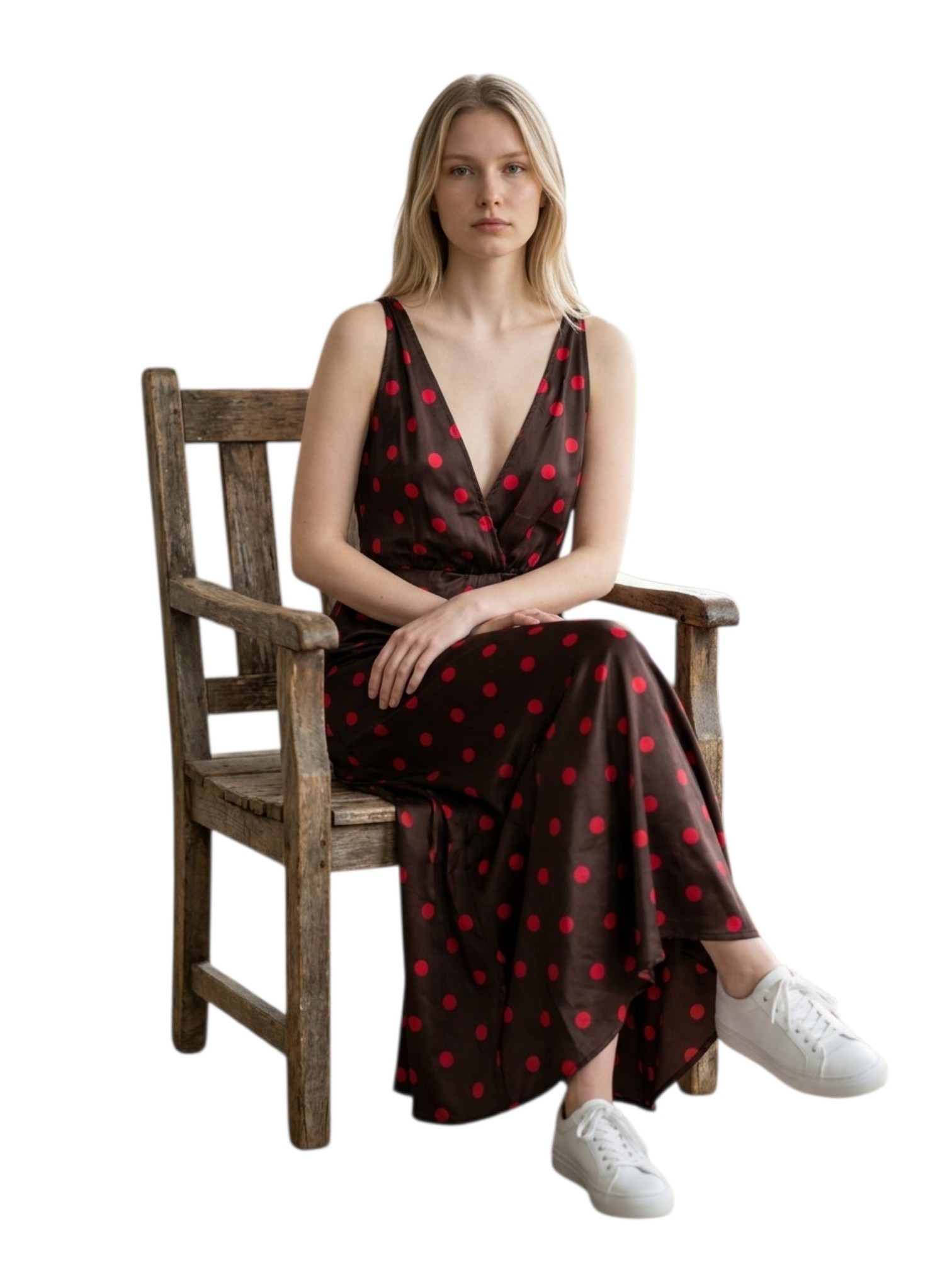 Zara Polka Dot Satin Maxi Dress In Brown With Red Dots Low Cut